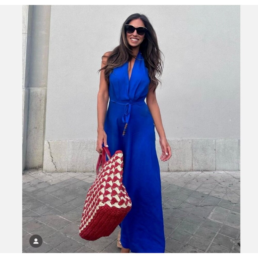 ZARA WOMAN LINEN BLEND HALTER DRESS INK BLUE XS S M L | 4786/293 NWT